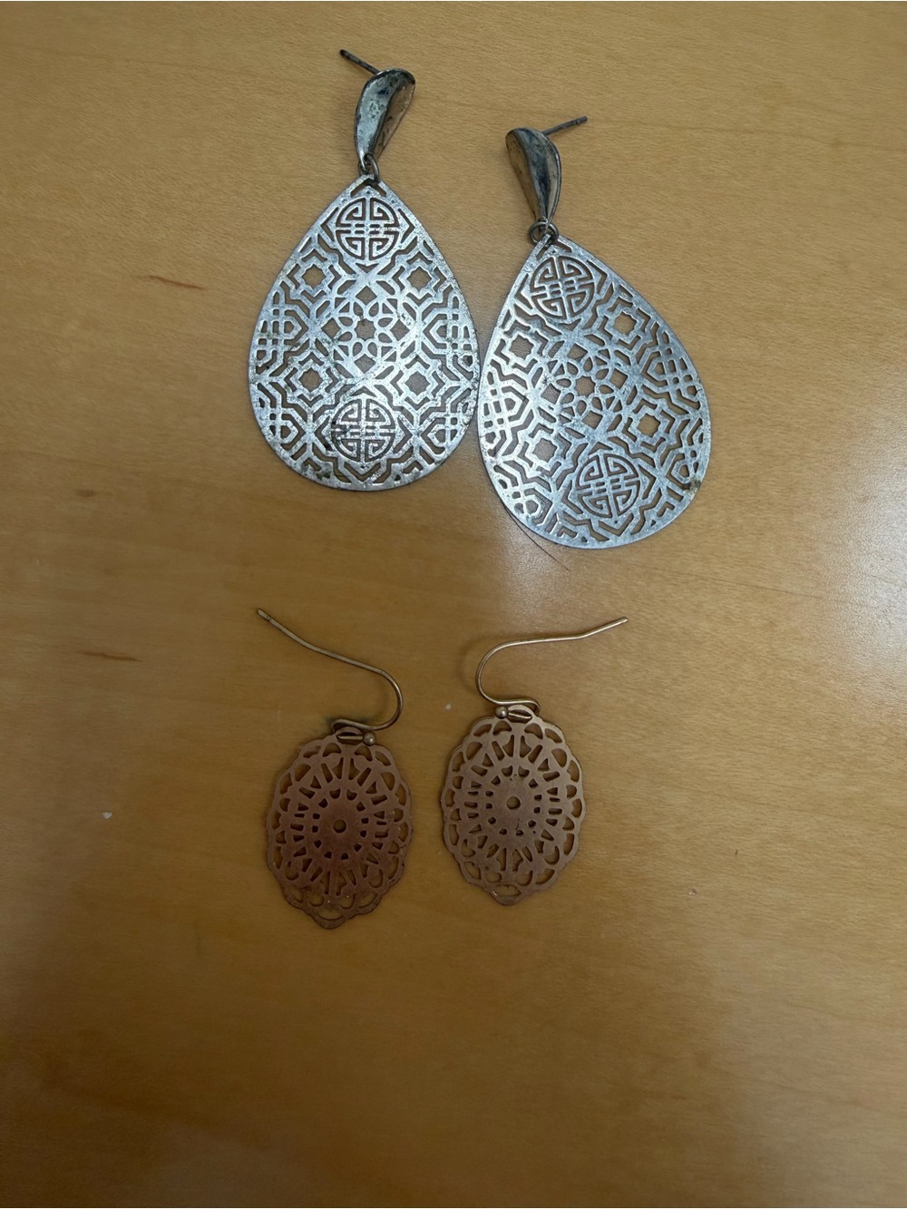 Silver Filigree Teardrop Earrings & Rose Gold Filigree Drop Earrings Set